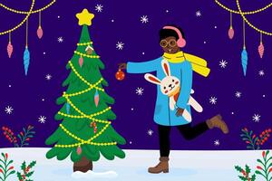 Person decorates Christmas tree while holding stuffed rabbit in winter setting vector