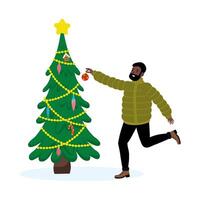 Man decorates Christmas tree with ornaments in festive setting during winter season vector