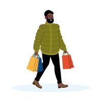 Man walking with colorful shopping bags in a casual outfit during a sunny day vector
