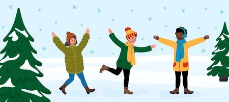 Friends having fun in the snow during a winter day with snowflakes falling vector
