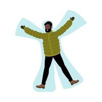 Man joyfully embracing winter in a puffy jacket against a bright background vector