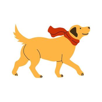 Golden retriever running with a red scarf in a playful atmosphere vector