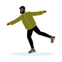 Winter ice skating activity with a man wearing a puffy jacket and skates on a rink vector
