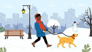 Enjoying a winter stroll with a dog in a snowy urban park setting vector