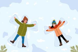 Enjoying winter fun while making snow angels in a snowy landscape vector