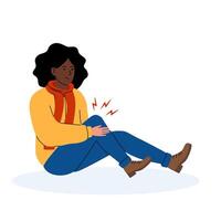 Person experiencing knee pain while seated, dressed in casual attire with visible discomfort vector