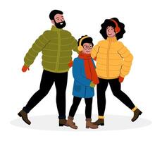 Family enjoying a winter stroll in colorful jackets on a chilly day vector