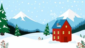 Cozy red house surrounded by snowy mountains and evergreen trees in winter setting vector