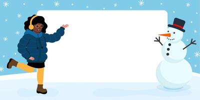 Joyful girl enjoying winter with a snowman in a snowy environment vector