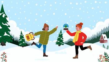 Two friends enjoy a snowy winter day while playing in the snow and sharing a snow globe vector