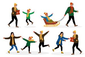 Family enjoys a winter day with sledding and festive activities in a snowy park scene vector