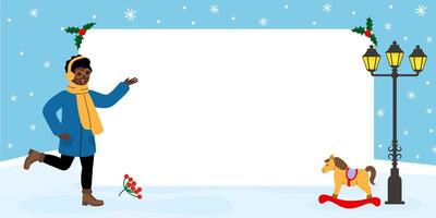 Winter holiday celebration with a cheerful figure and festive decorations in a snowy scene vector
