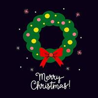Christmas wreath design with colorful decorations and festive greeting in dark background vector
