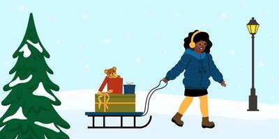 Young girl smiling while pulling a sled with presents through a snowy landscape vector