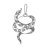 black and white outline drawing of a snake on a Christmas ball, hand-drawn in a cartoon style. vector