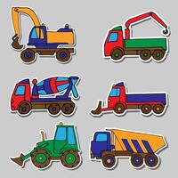 a set of colored stickers of construction vehicles and machines, hand-drawn in a cartoon style. vector