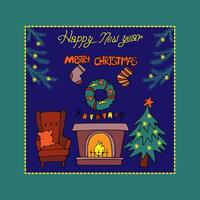 New Year's greeting card colored with a fireplace and a Christmas tree, hand-drawn in a cartoon style. vector