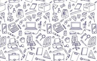 pattern of office and school items, hand-drawn in cartoon style on a white background. vector