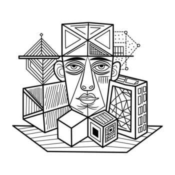 A black and white drawing of a man with a cube and a building vector