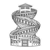 A spiral building with a large window and a door vector
