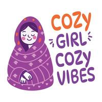 Cozy girl wrapped in blanket, flat sticker vector