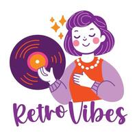Retro vibes logo with a woman holding a record vector