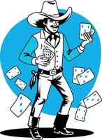 A cowboy in a hat and cowboy hat is holding cards vector