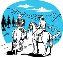 Two people riding horses on a road vector
