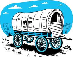 An old covered wagon with a blue sky and mountains in the background vector
