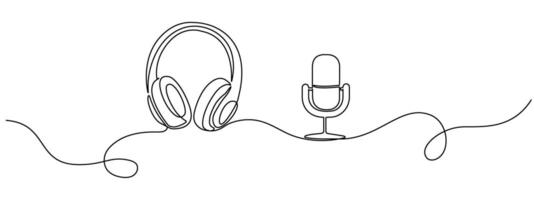 One continuous editable linear microphone and headphone template. Podcast, sound radio in line art style. illustration vector