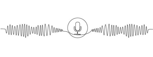 One continuous editable linear music player soundbar template with microphone button. Sound wave, podcast in line art style. illustration vector