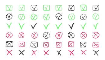 Set of chalk ticks and crosses , circle and square. Tick symbol means agree, vote, confirm. Tick and X symbols hand drawn in red and green and black pencil. illustration. vector