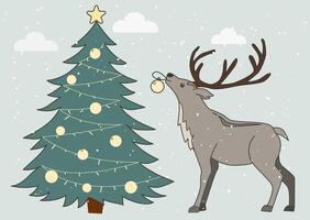 retro style poster of a reindeer and a Christmas tree with balls vector