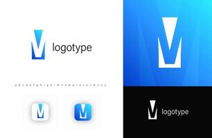 Minimalist monogram letter M logo with angular cutout style and negative space effect, logo kit template with alphabet. illustration vector