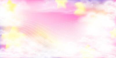 rainbow clouds bokeh. Princess party horizontal banner. Unicorn sky background with stars and moon. Stock illustration in cartoon realistic style. vector
