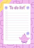 Playful to-do list template featuring a cute hippo character on a pastel purple background, ideal for planners. vector