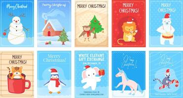 Collection of illustrated Christmas cards featuring festive animals, holiday scenes, and cheerful greetings. vector