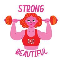 Flat sticker of strong girl lifting gym weights vector
