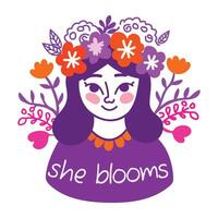 Flower on head with she blooms text, flat sticker vector