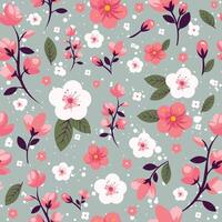 Seamless pattern with cherry blossoms and leaves. Repeat background with sakura flowers and branches. vector