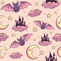 Occult and wiccan seamless pattern with bats, moon, stars and cloud castles. Magic pink repeat background with witchery elements. vector