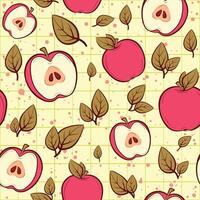 Seamless pattern with red apples and leaves. Repeat background with summer fruits and autumn vibes. vector