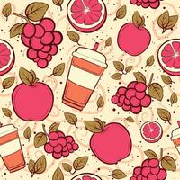 Summer seamless pattern with grapefruit, grapes, apples and juice cups. Repeat background with fruits and beverage. vector