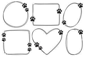 Pet postcard frame collection shapes. Doodle shape frames with dog or cat paws. Hand drawn outline circle, heart, square boarder with cute animal steps vector