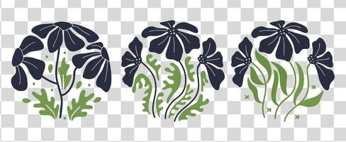 Groovy blue and green flower set.Hand drawn organic circle shapes in trendy naive retro hippie 60s 70s style. vector