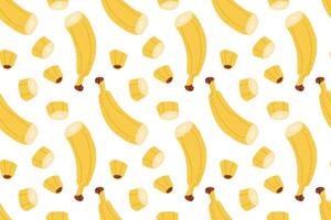 Colorful banana pattern on a white background featuring whole and peeled bananas vector