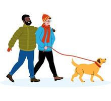 Two friends enjoying a winter walk with a golden retriever in a snowy setting vector