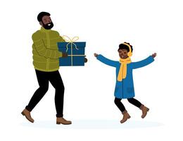 Father surprised by joyful child receiving a gift on a winter day in a cozy setting vector