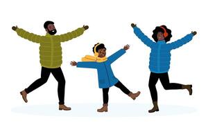 Family enjoying winter fun while playing in the snow together on a chilly day vector