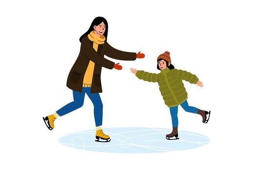 Mother and child enjoy ice skating together on a winter day in a joyful park setting vector